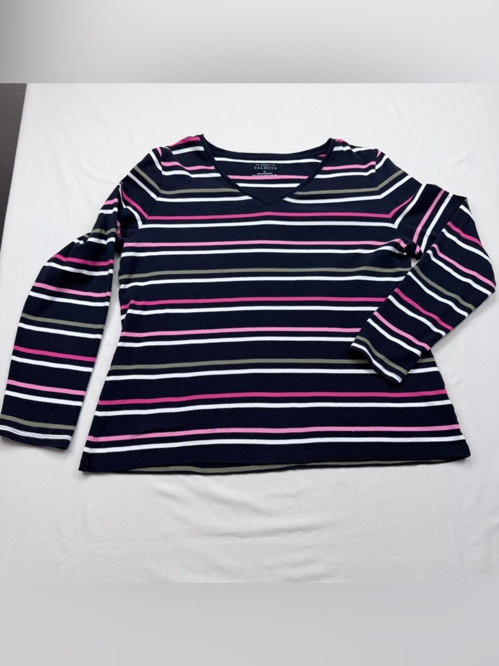 Talbots Navy V-Neck Long Sleeve Top with Pink & White Stripes